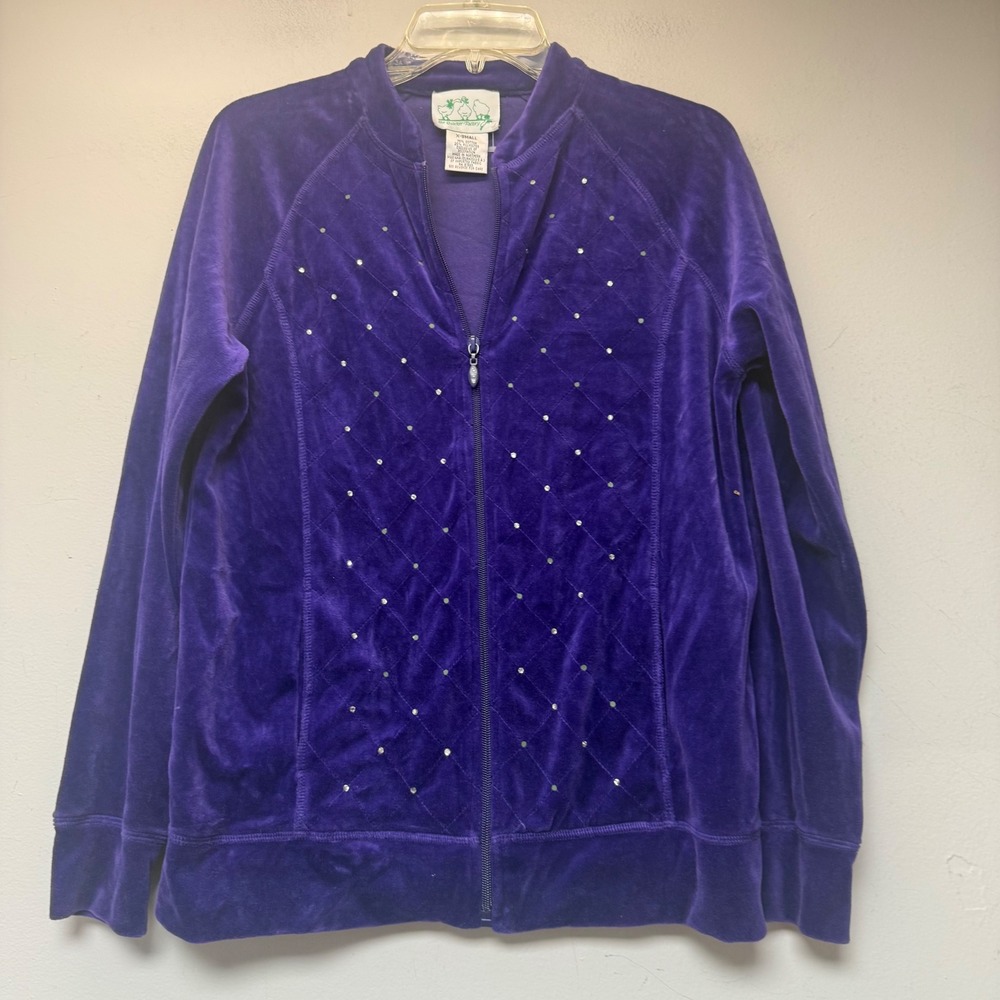 Quacker Factory Track Jacket Women XS Purple Excellent Velour Rhinestone Zip Up